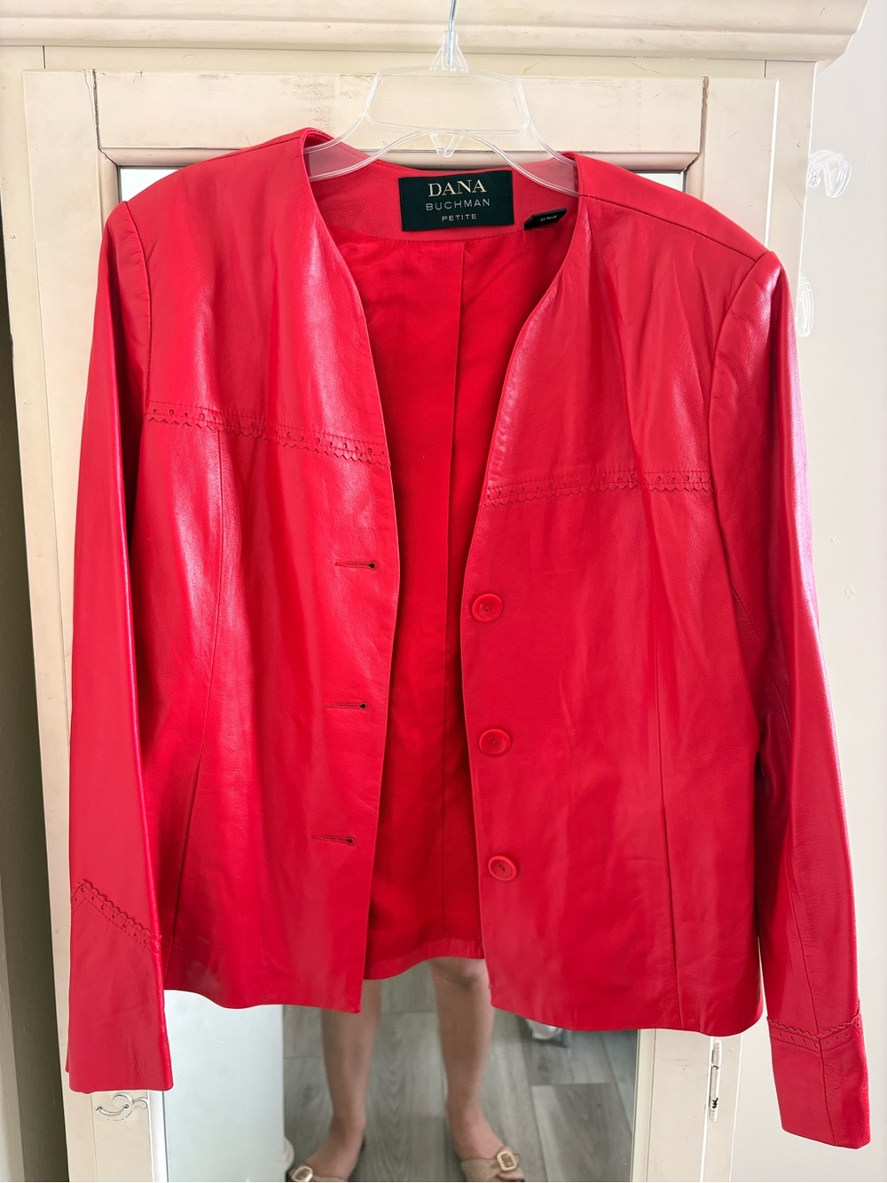 Dana Buchman Petite Bright Red Collarless Leather Jacket
